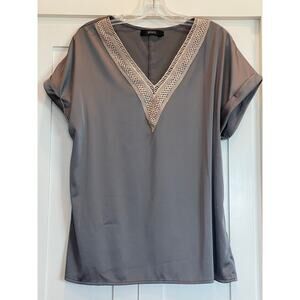 Mirol Gray silky lace detail v-neck top size Large